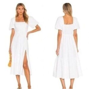 Bridal midi dress with slit, puff sleeves